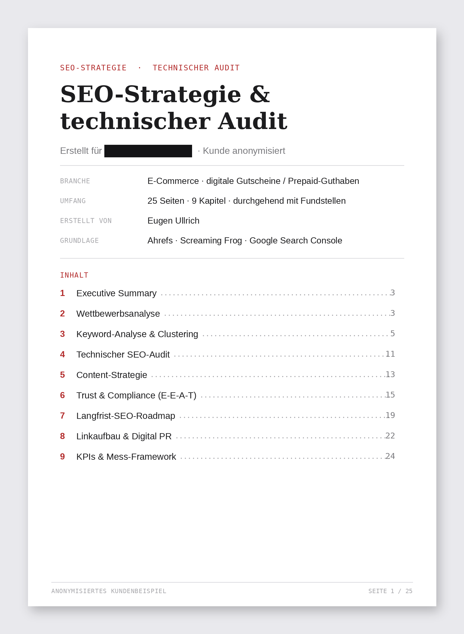 Cover of the SEO audit with metadata and a table of contents over 9 chapters