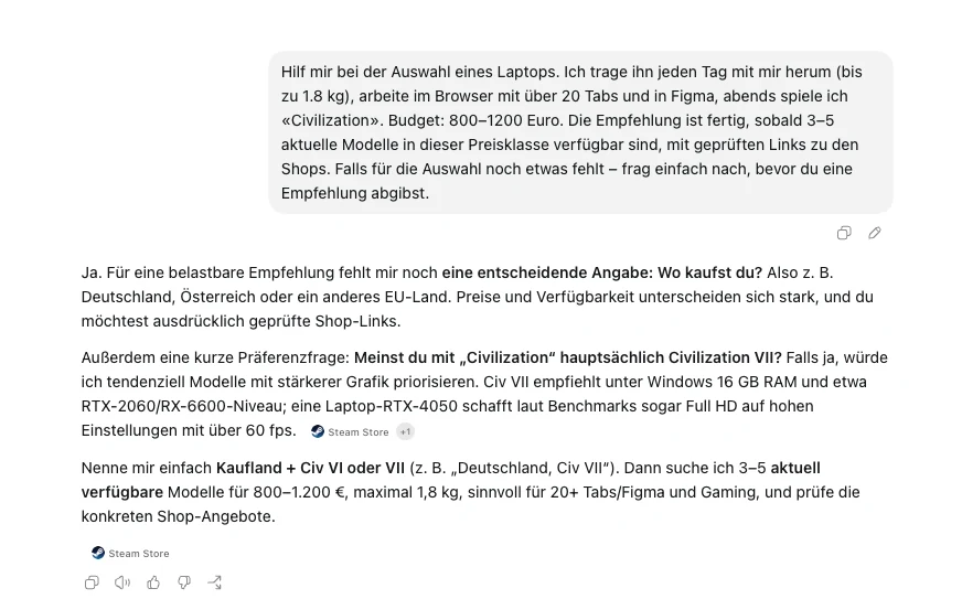 ChatGPT fragt vor einer Laptop-Empfehlung nach Kaufland und bevorzugter Civilization-Version