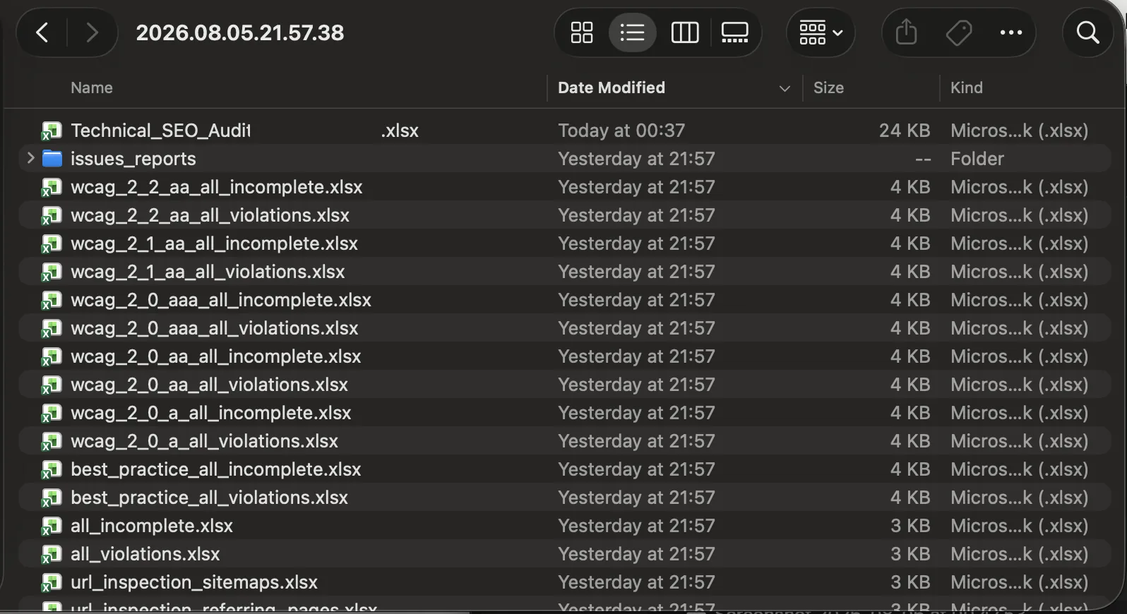 Finder window with the exported CSV and XLSX files of the Screaming Frog crawl.