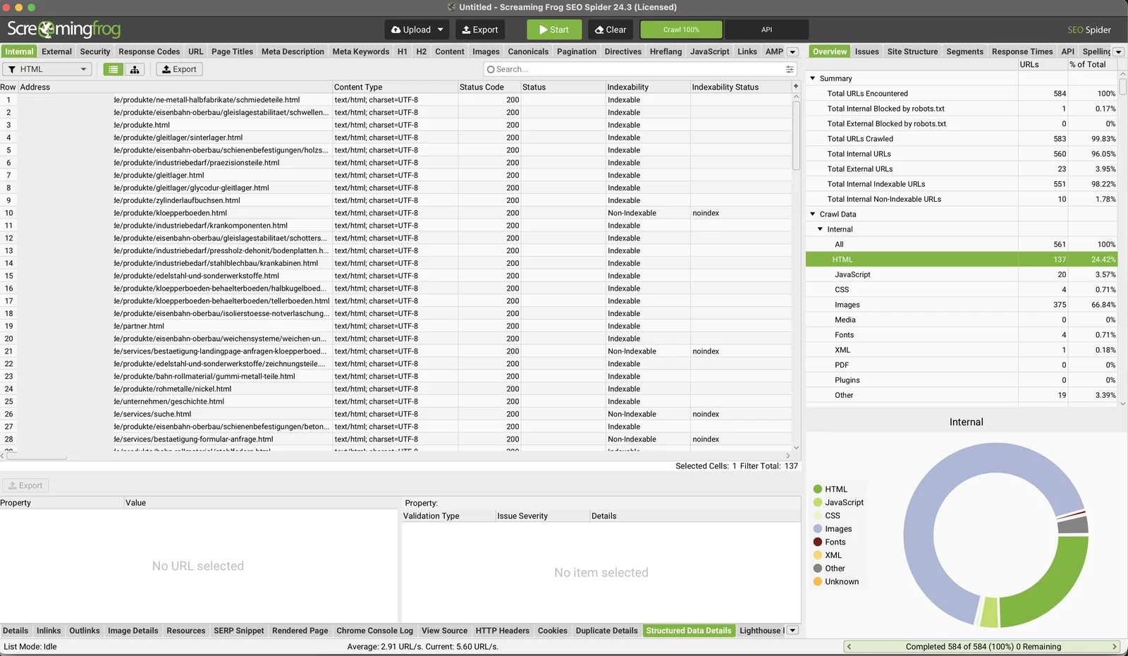 Screaming Frog SEO Spider with the finished crawl and the internal URL list.