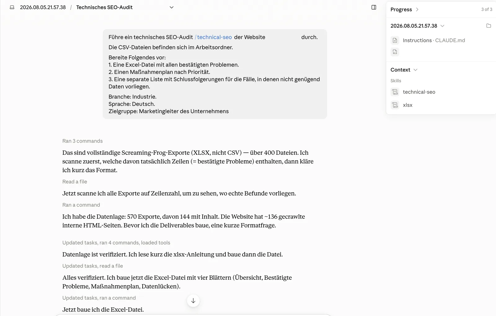 Claude Cowork with the mounted export folder and the audit prompt in the chat.