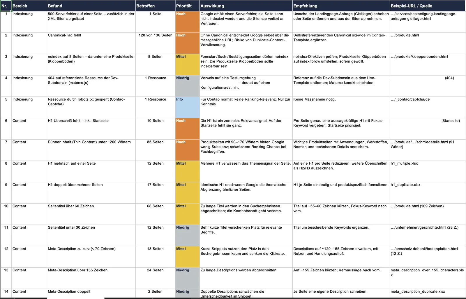 Excel table produced by Claude with the confirmed SEO findings and priorities.