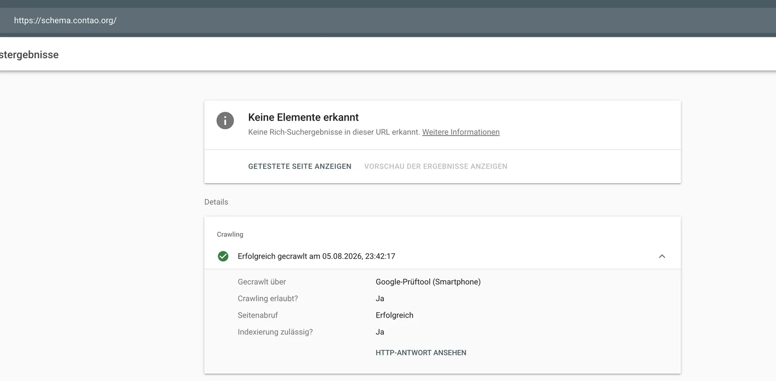 Google Rich Results Test for schema.contao.org with “No items detected”, the page crawled successfully and indexable.