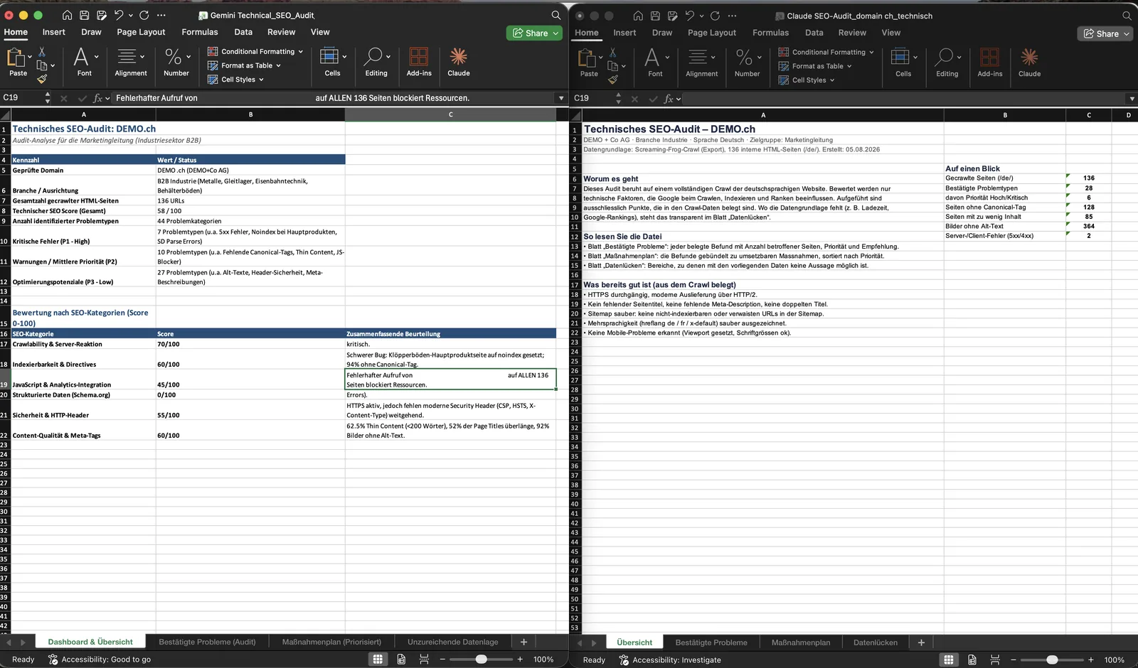 Two Excel result workbooks side by side, the results of two models on identical crawl input.