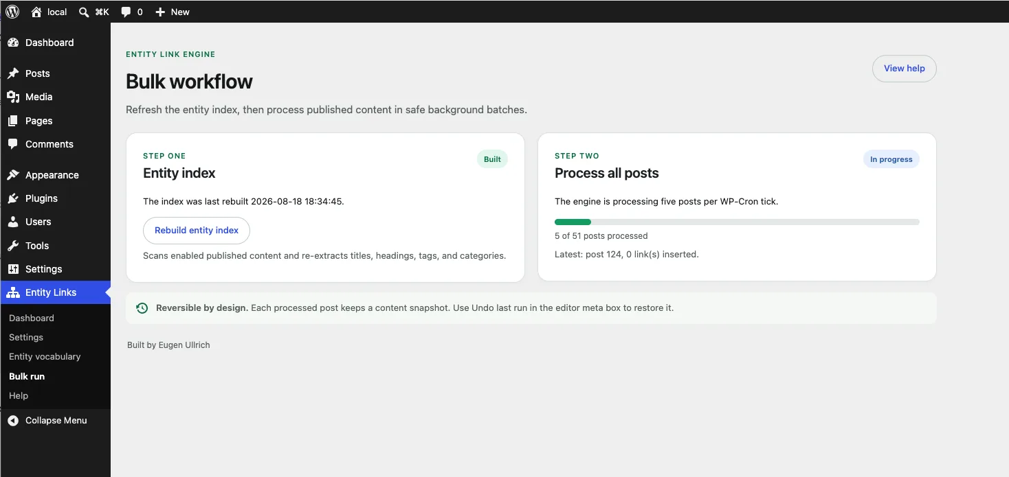 Bulk workflow of Entity Link Engine: rebuild the index and process all posts in WP-Cron batches