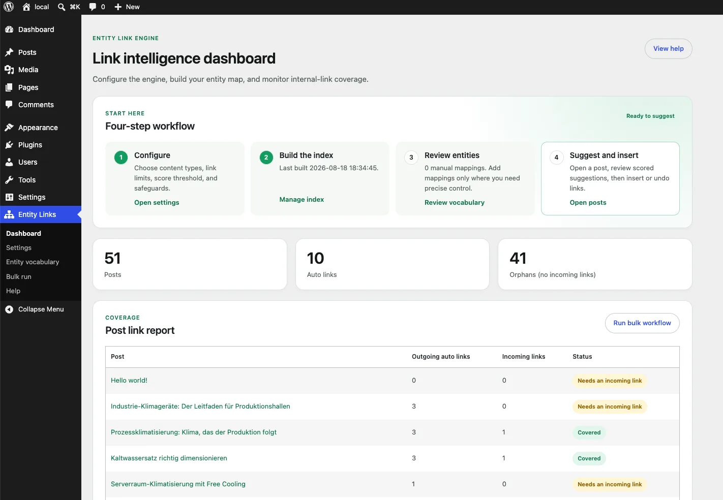 Entity Link Engine dashboard with a four-step workflow: configure, build the index, review the vocabulary, suggest in the editor