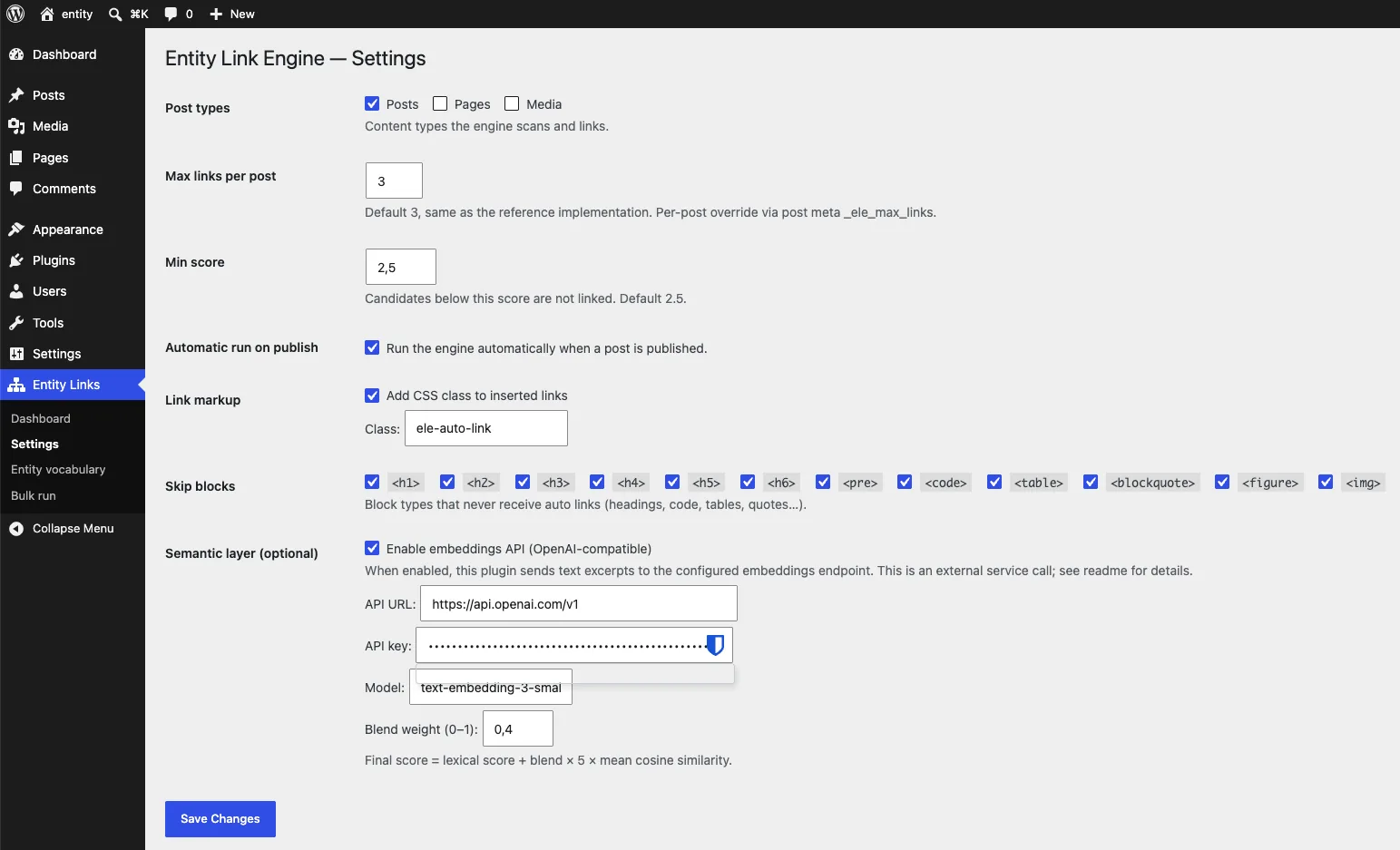 WordPress-Einstellungen der Entity Link Engine mit Beitragstypen, Link-Limit, Mindestscore, ausgeschlossenen HTML-Blöcken und optionaler semantischer Prüfung