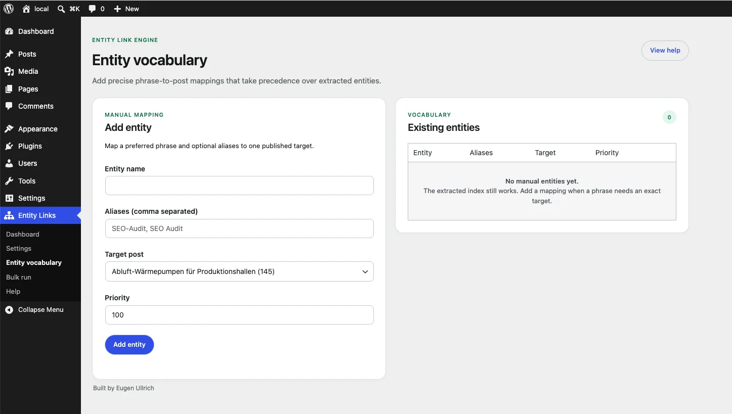 Entity vocabulary of Entity Link Engine: manual mapping of phrase, spelling variants and target post