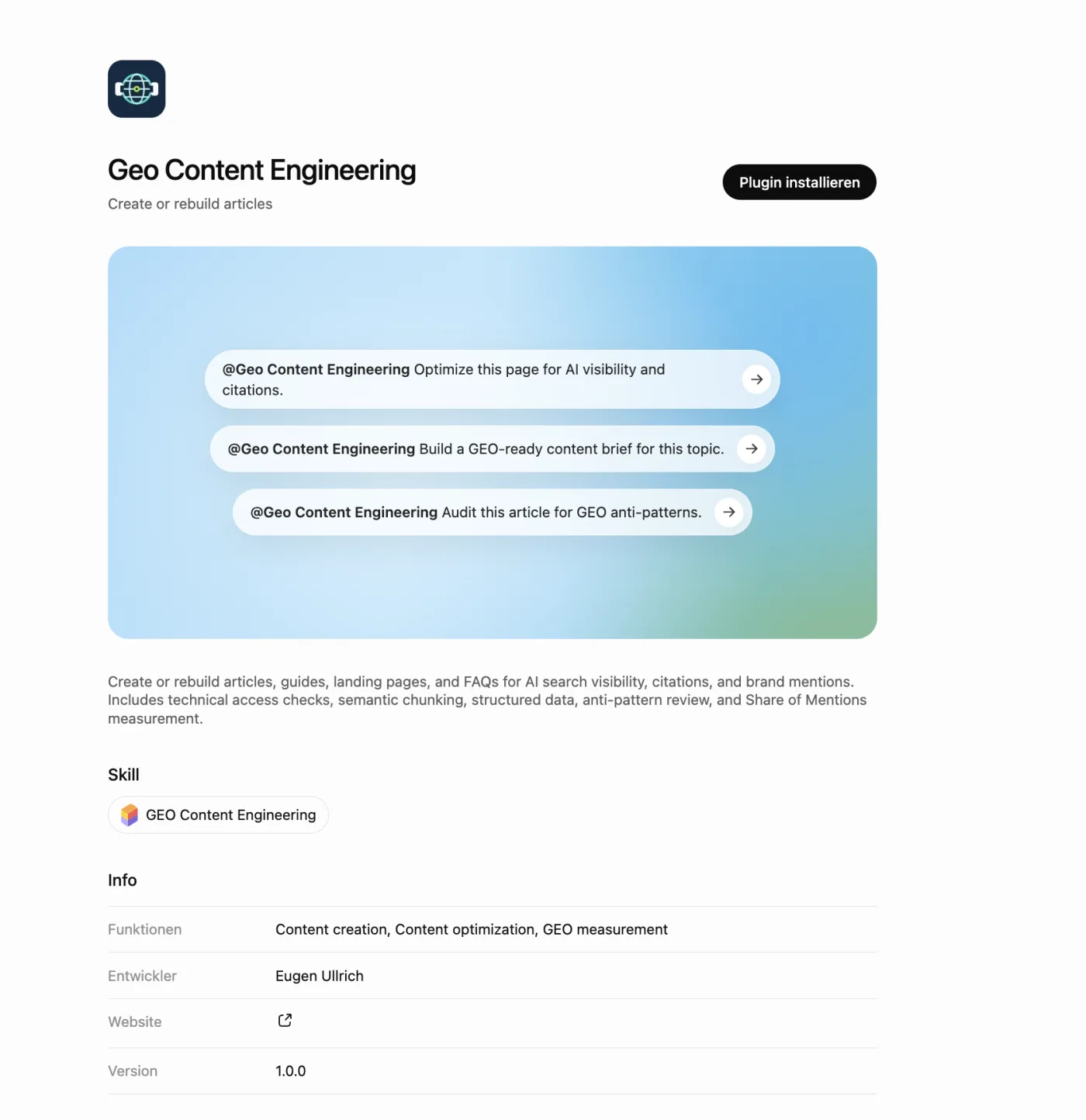 Der Skill Geo Content Engineering im ChatGPT-Katalog: Installieren-Button, drei Beispiel-Prompts, Entwickler Eugen Ullrich, Version 1.0.0